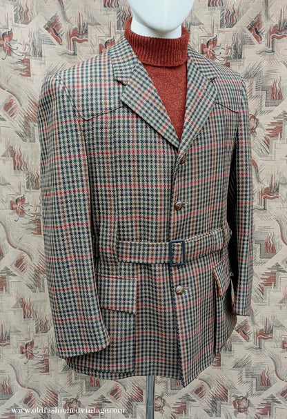 Mens John Brocklehurst Norfolk Tweed Country Belted Jacket Brown Checked Plaid Wool 42"