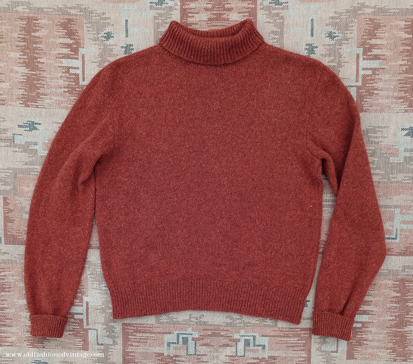 Old Fashioned Garments Vintage Reproduction 1930s 1940s Mens Roll Neck Jumper Rust Shetland Wool Polo Turtle Sweater Medium
