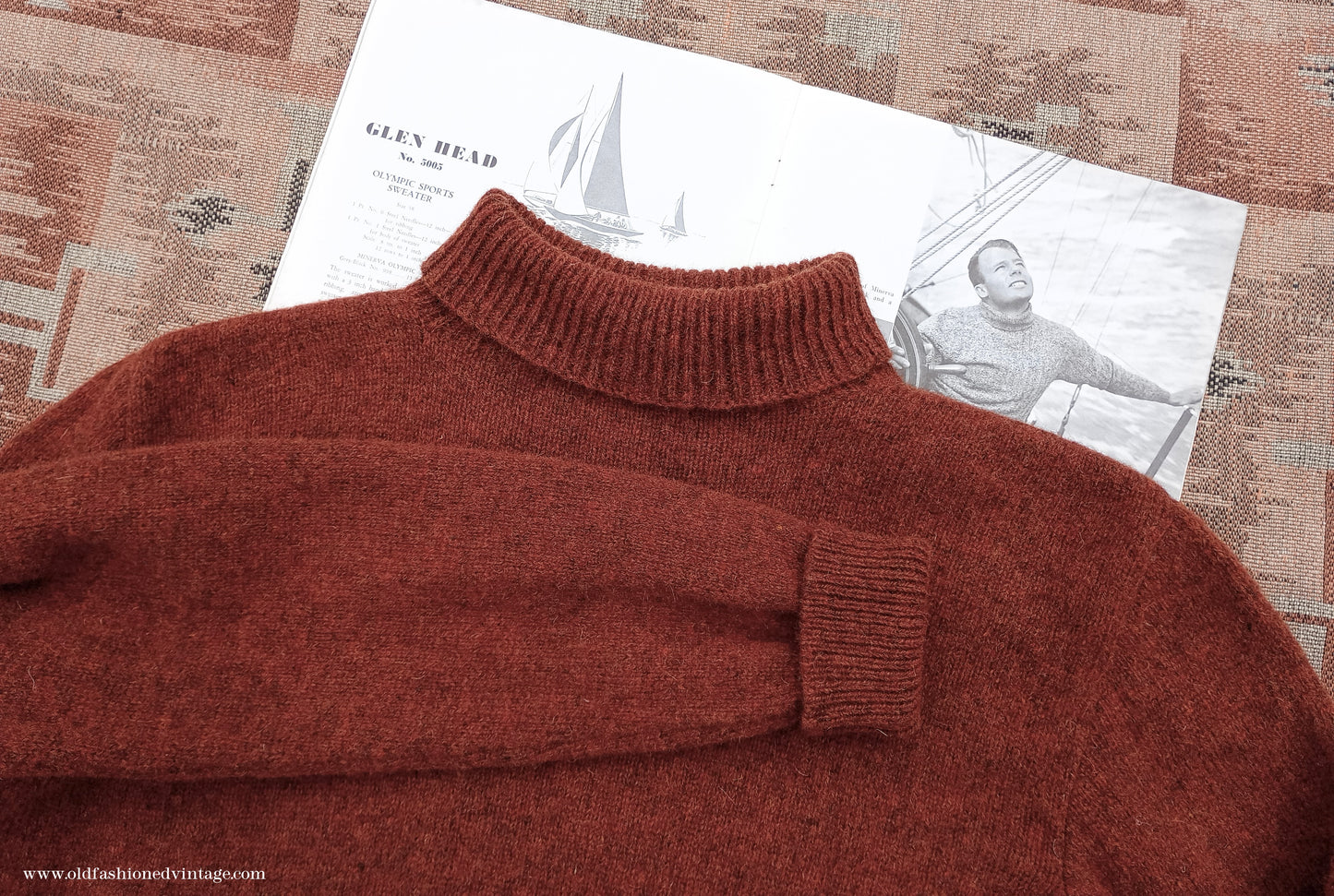 Old Fashioned Garments Vintage Reproduction 1930s 1940s Mens Roll Neck Jumper Rust Shetland Wool Polo Turtle Sweater Medium