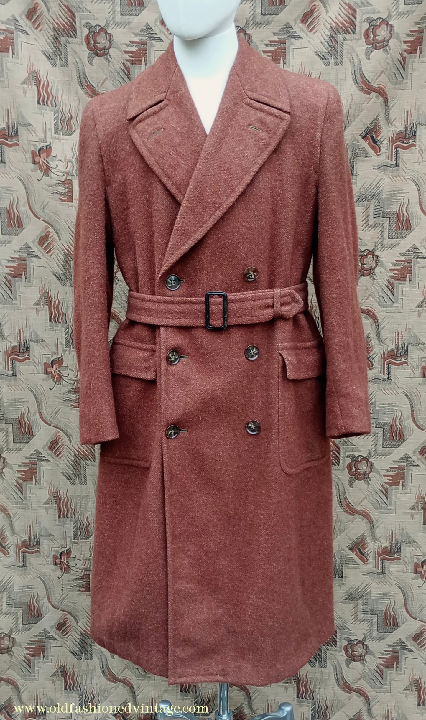 Vintage 1940s Burton CC41 Double Breasted Overcoat Rust Brown Wool Tweed DB Belted 38"