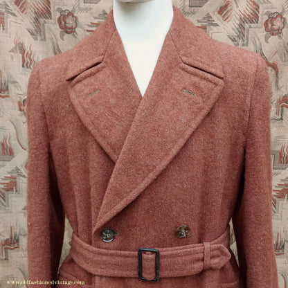 Vintage 1940s Burton CC41 Double Breasted Overcoat Rust Brown Wool Tweed DB Belted 38"