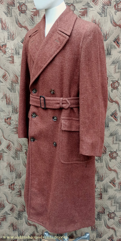 Vintage 1940s Burton CC41 Double Breasted Overcoat Rust Brown Wool Tweed DB Belted 38"
