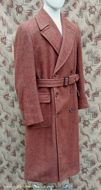 Vintage 1940s Burton CC41 Double Breasted Overcoat Rust Brown Wool Tweed DB Belted 38"