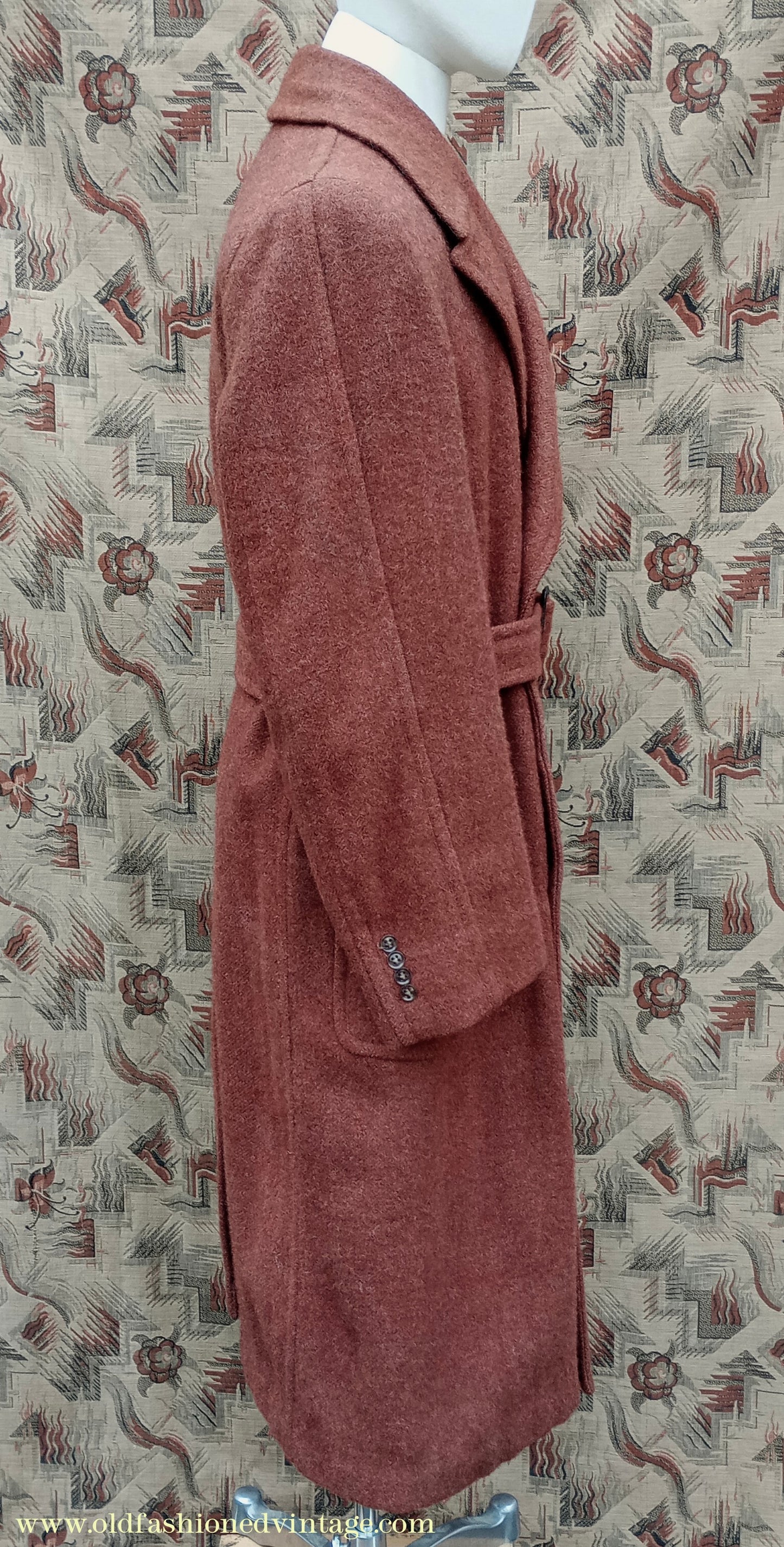 Vintage 1940s Burton CC41 Double Breasted Overcoat Rust Brown Wool Tweed DB Belted 38"