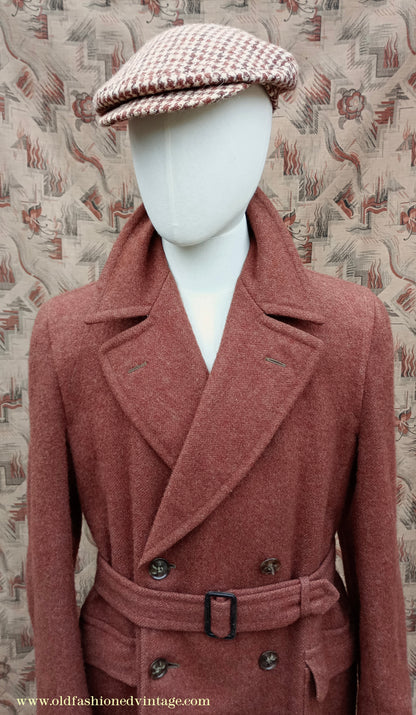 Vintage 1940s Burton CC41 Double Breasted Overcoat Rust Brown Wool Tweed DB Belted 38"