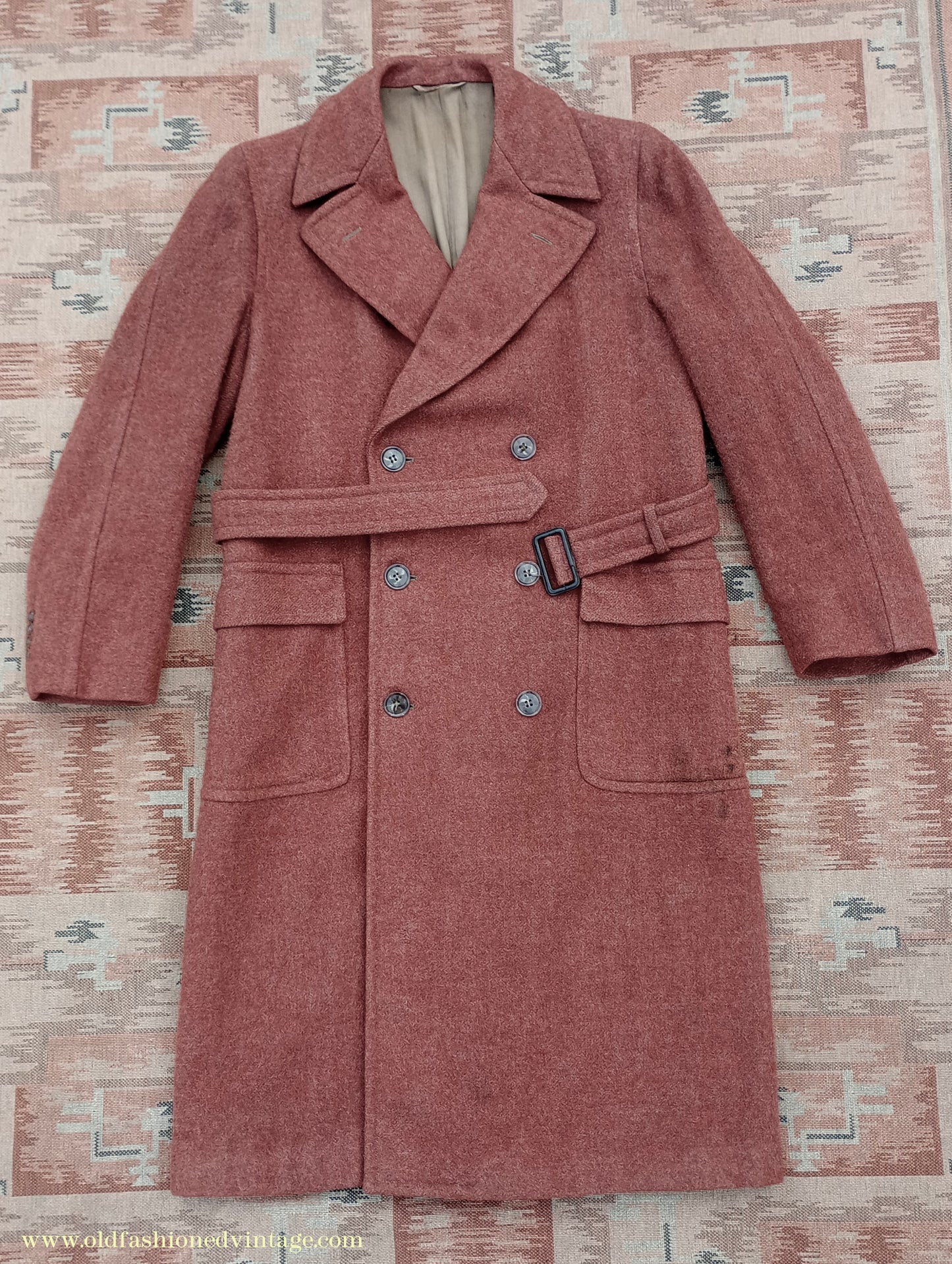 Vintage 1940s Burton CC41 Double Breasted Overcoat Rust Brown Wool Tweed DB Belted 38"