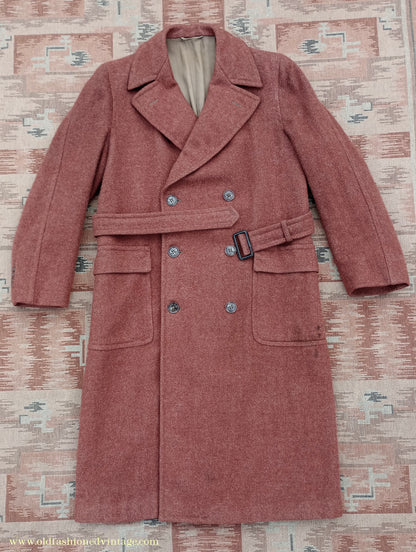 Vintage 1940s Burton CC41 Double Breasted Overcoat Rust Brown Wool Tweed DB Belted 38"