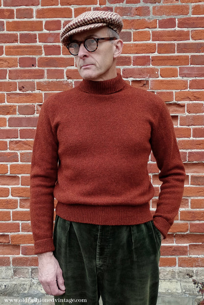 Old Fashioned Garments Vintage Reproduction 1930s 1940s Mens Roll Neck Jumper Rust Shetland Wool Polo Turtle Sweater Medium