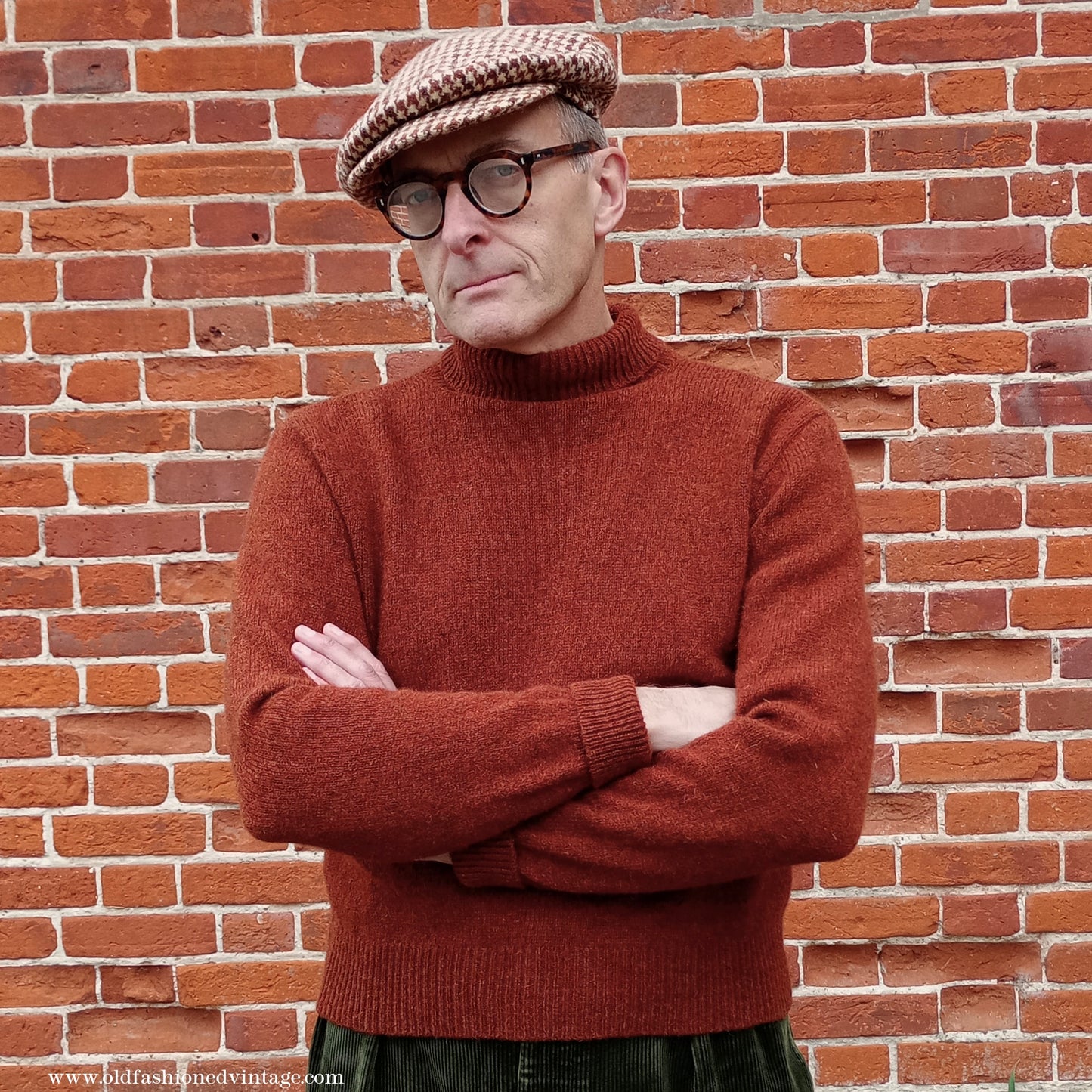 Old Fashioned Garments Vintage Reproduction 1930s 1940s Mens Roll Neck Jumper Rust Shetland Wool Polo Turtle Sweater Medium