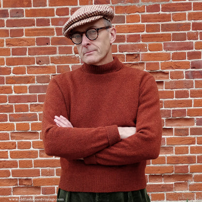 Old Fashioned Garments Vintage Reproduction 1930s 1940s Mens Roll Neck Jumper Rust Shetland Wool Polo Turtle Sweater Medium