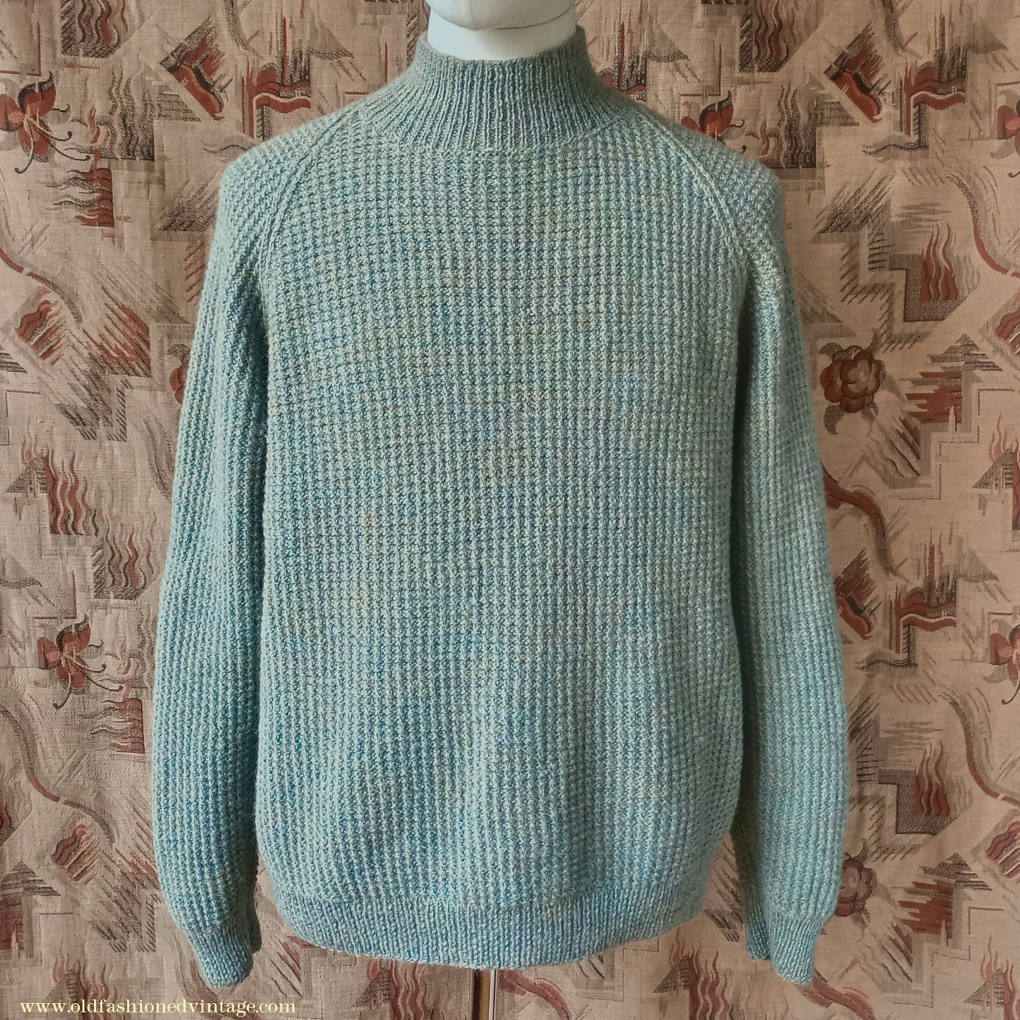 Vintage Mens 1950s Hand Knitted Jumper Turtle Neck Knit Sweater Marled Lovat Green L XL