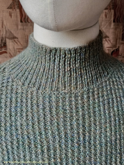 Vintage Mens 1950s Hand Knitted Jumper Turtle Neck Knit Sweater Marled Lovat Green L XL