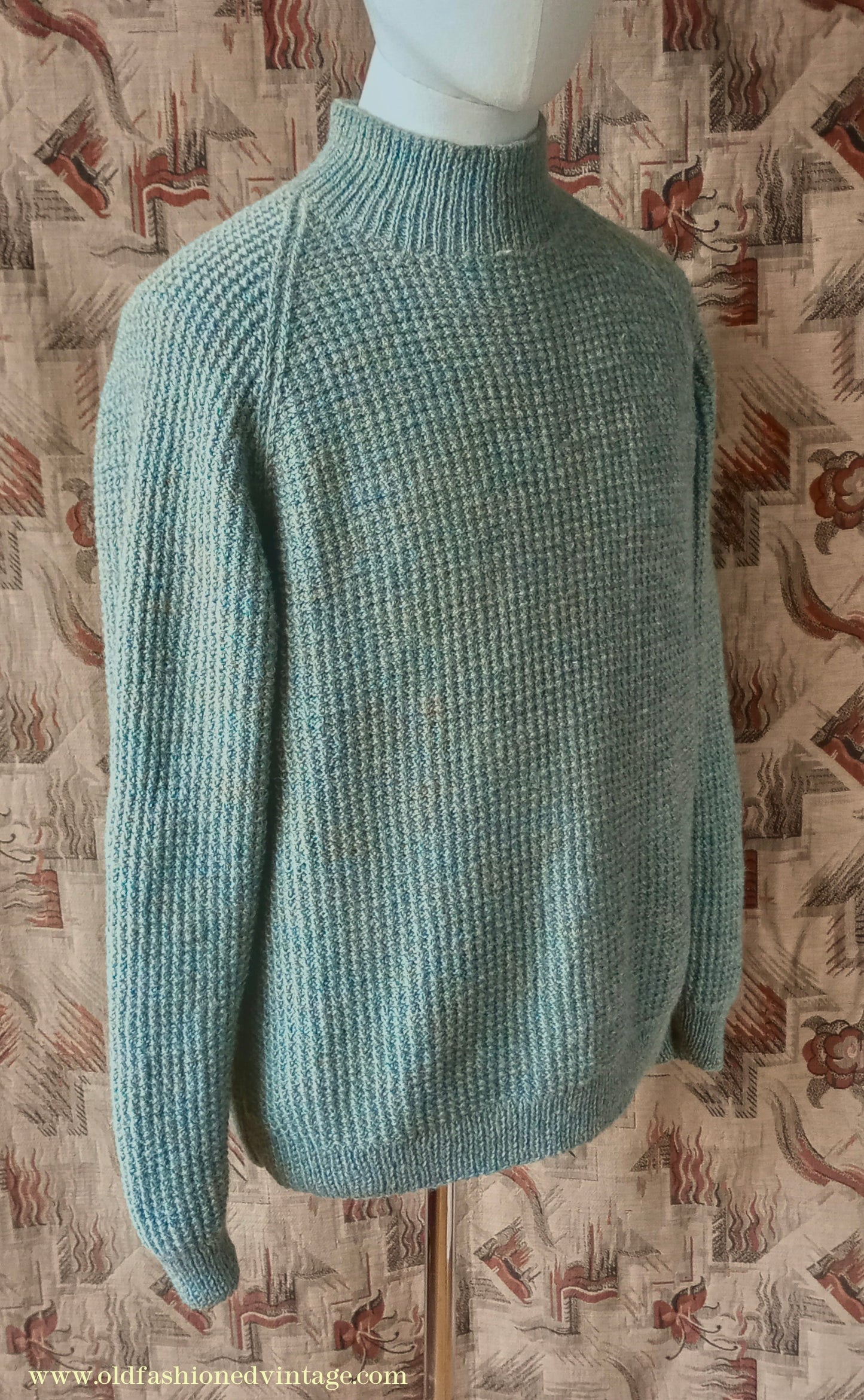 Vintage Mens 1950s Hand Knitted Jumper Turtle Neck Knit Sweater Marled Lovat Green L XL