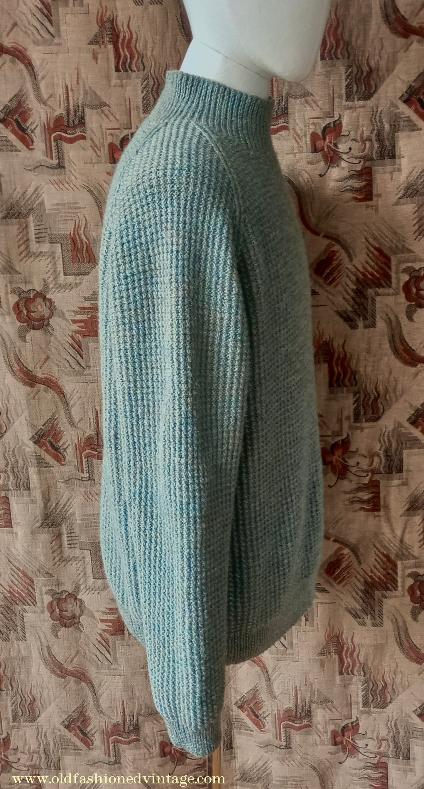 Vintage Mens 1950s Hand Knitted Jumper Turtle Neck Knit Sweater Marled Lovat Green L XL