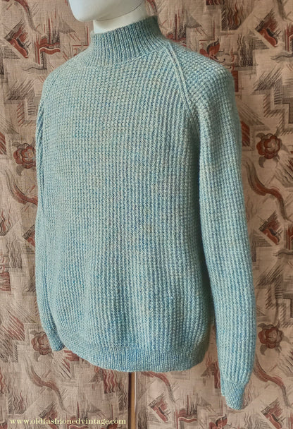 Vintage Mens 1950s Hand Knitted Jumper Turtle Neck Knit Sweater Marled Lovat Green L XL