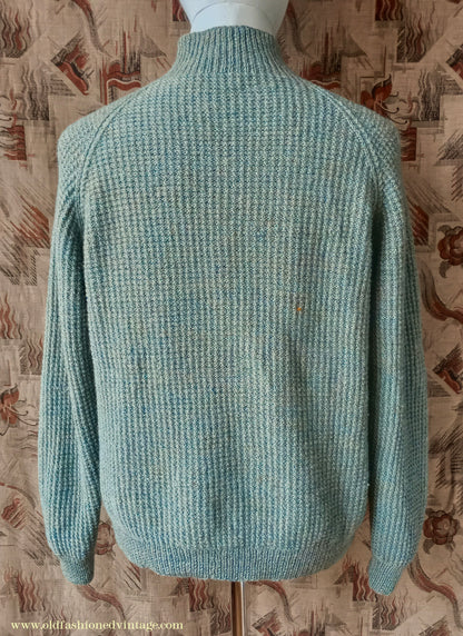 Vintage Mens 1950s Hand Knitted Jumper Turtle Neck Knit Sweater Marled Lovat Green L XL