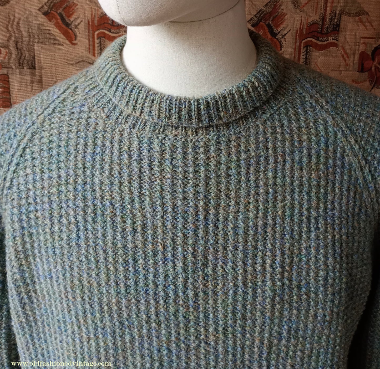 Vintage Mens 1950s Hand Knitted Jumper Turtle Neck Knit Sweater Marled Lovat Green L XL