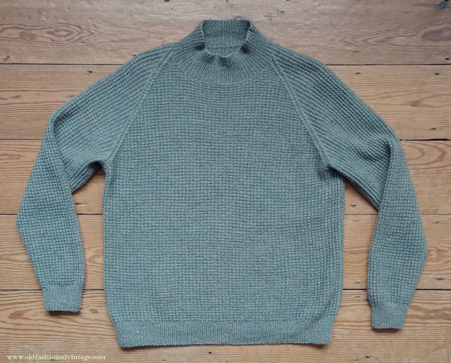 Vintage Mens 1950s Hand Knitted Jumper Turtle Neck Knit Sweater Marled Lovat Green L XL