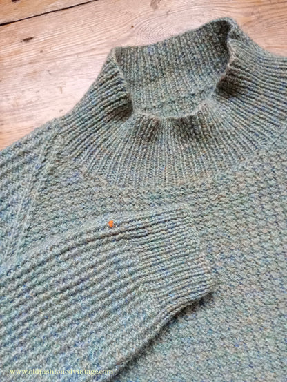 Vintage Mens 1950s Hand Knitted Jumper Turtle Neck Knit Sweater Marled Lovat Green L XL