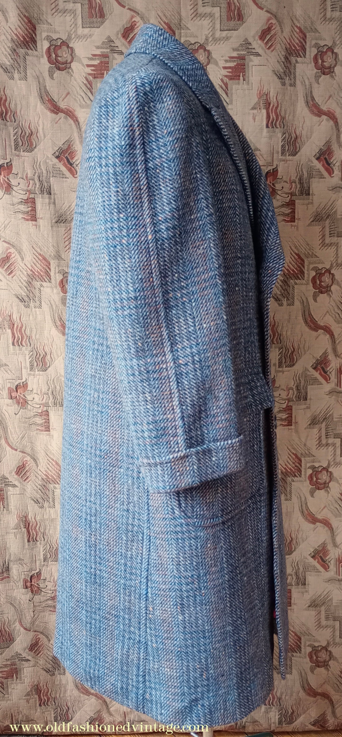 Vintage Mens 1940s Double Breasted Overcoat Coat Grey Blue Speckled Check Wool DB Peak Lapel L XL