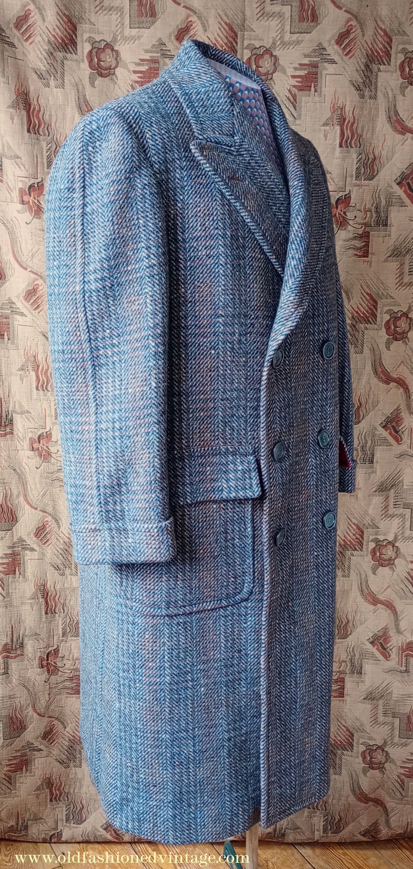 Vintage Mens 1940s Double Breasted Overcoat Coat Grey Blue Speckled Check Wool DB Peak Lapel L XL