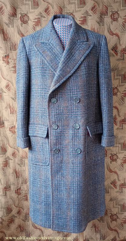 Vintage Mens 1940s Double Breasted Overcoat Coat Grey Blue Speckled Check Wool DB Peak Lapel L XL