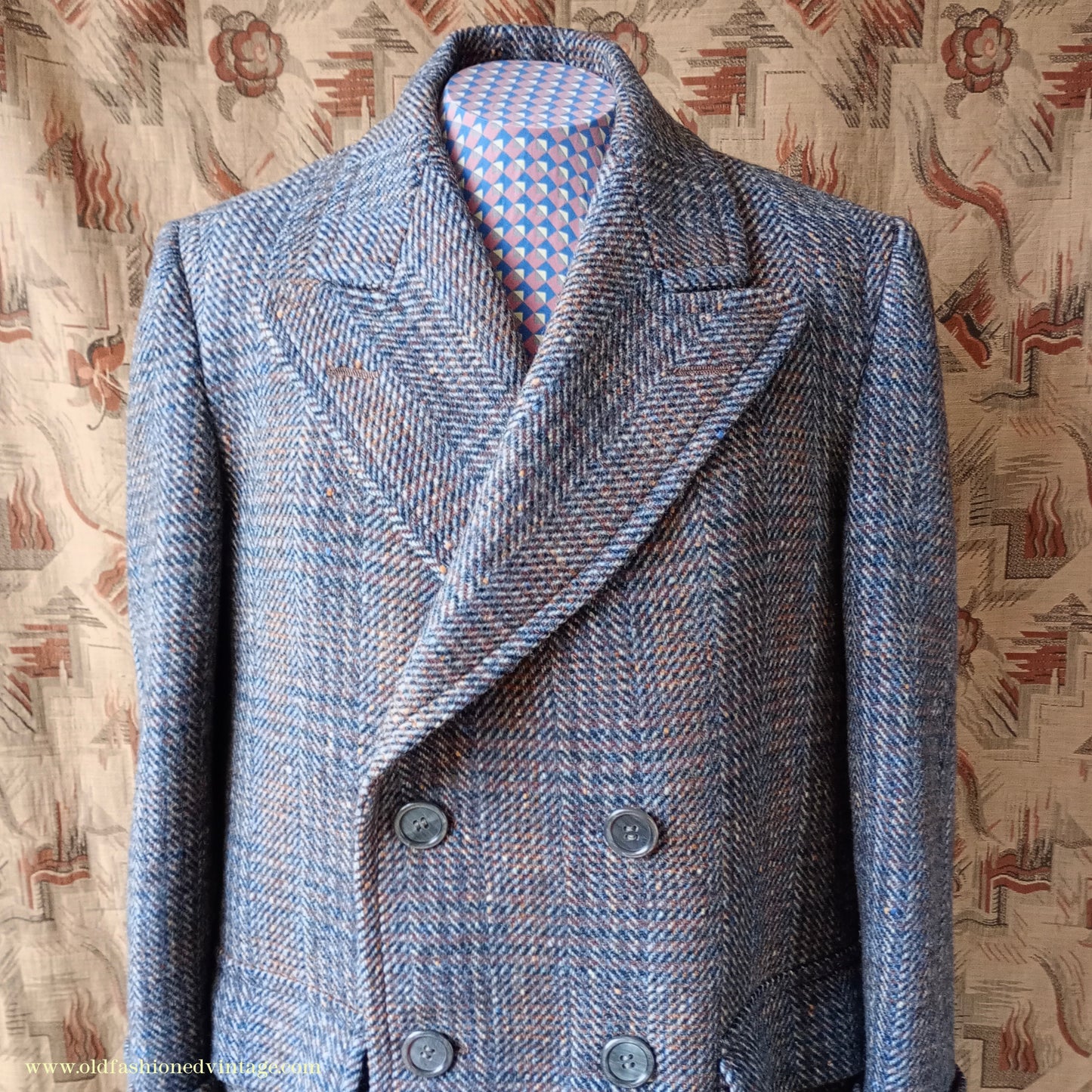 Vintage Mens 1940s Double Breasted Overcoat Coat Grey Blue Speckled Check Wool DB Peak Lapel L XL