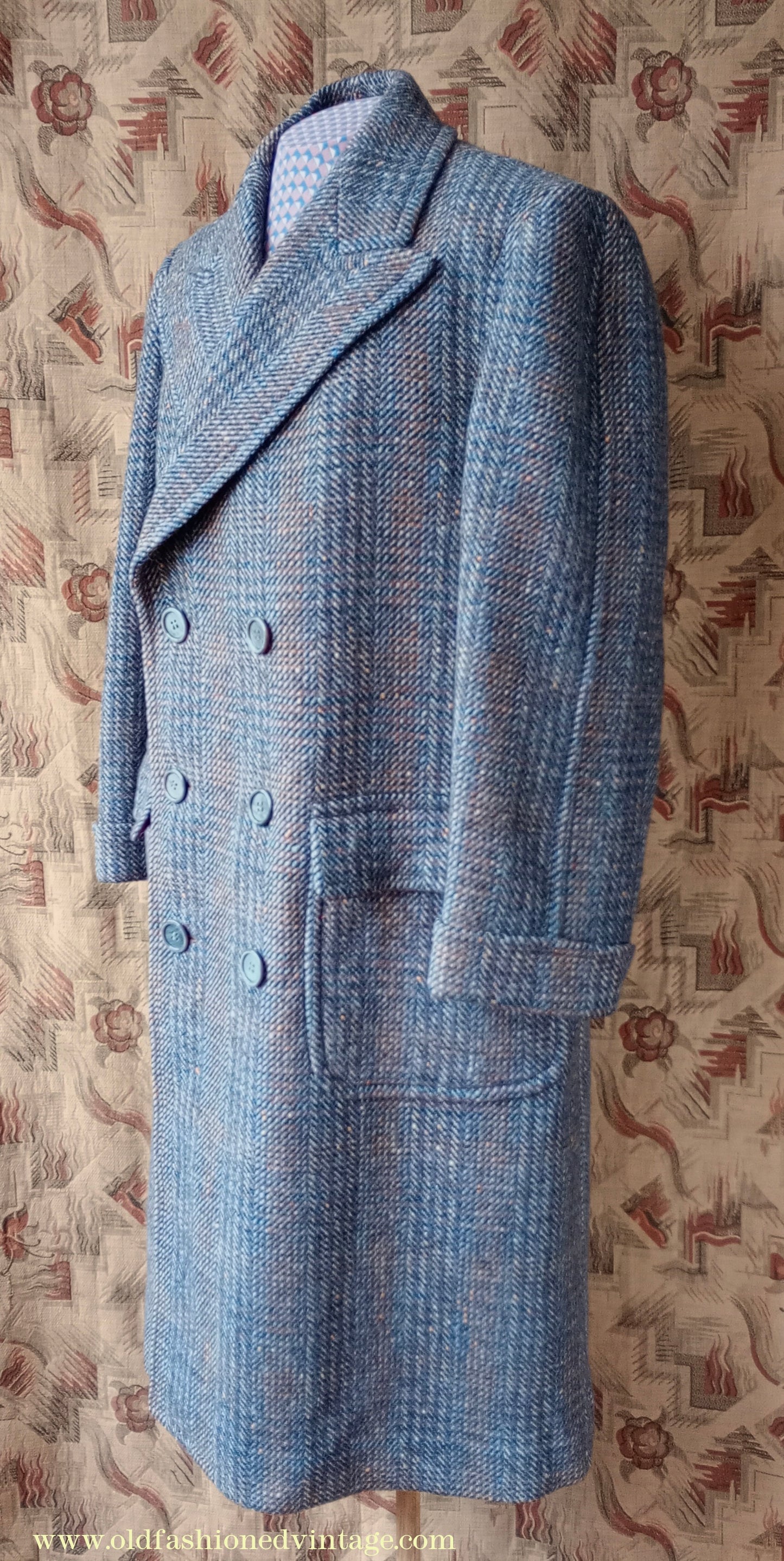 Vintage Mens 1940s Double Breasted Overcoat Coat Grey Blue Speckled Check Wool DB Peak Lapel L XL