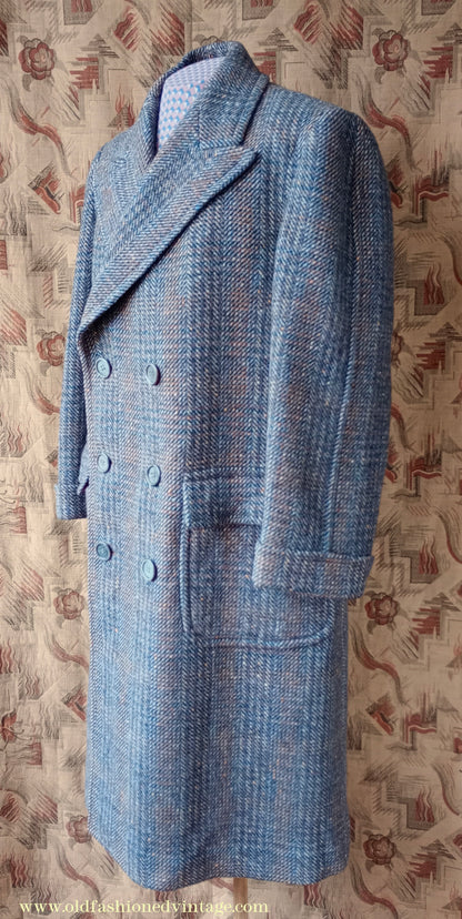 Vintage Mens 1940s Double Breasted Overcoat Coat Grey Blue Speckled Check Wool DB Peak Lapel L XL