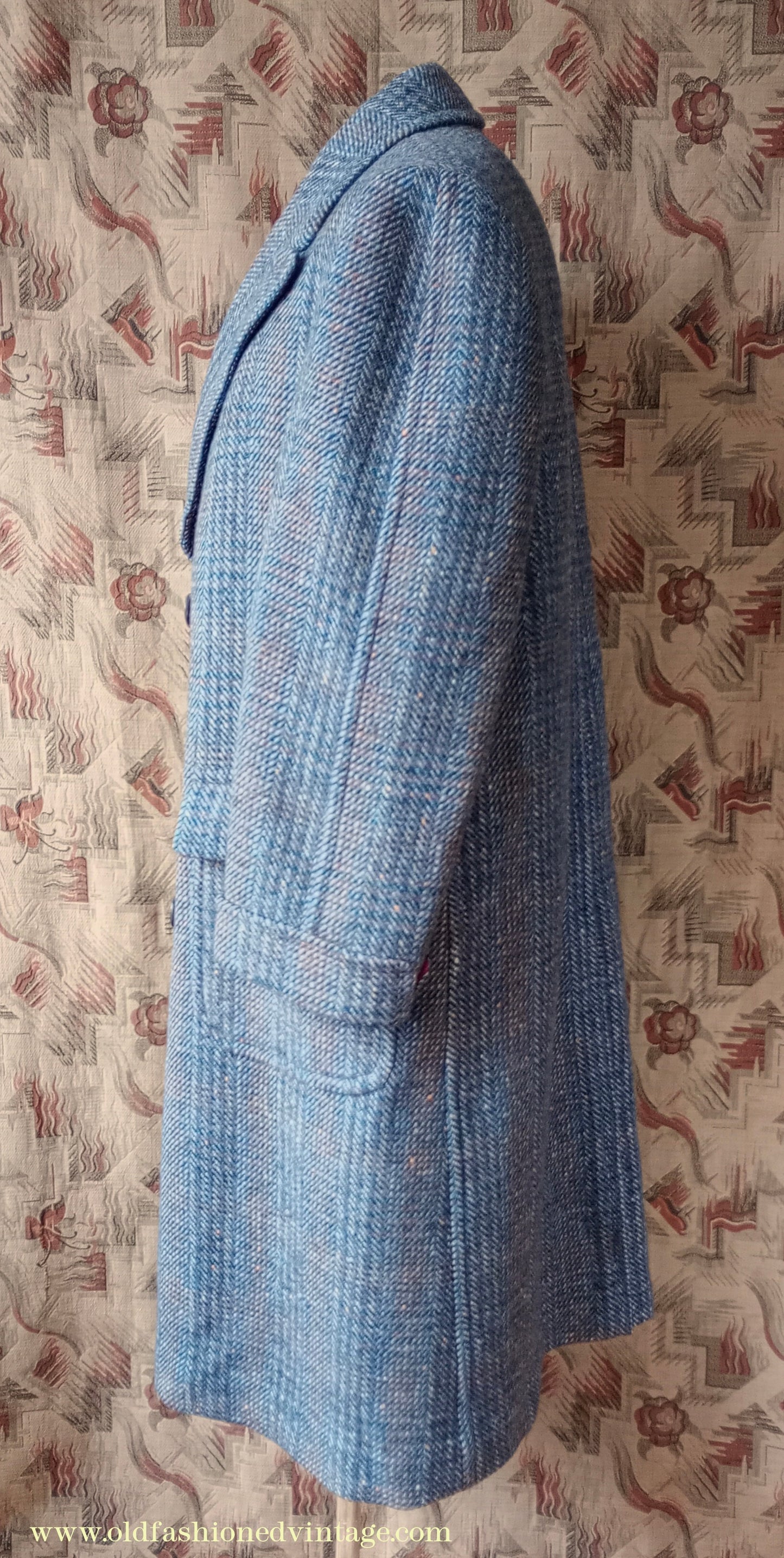 Vintage Mens 1940s Double Breasted Overcoat Coat Grey Blue Speckled Check Wool DB Peak Lapel L XL