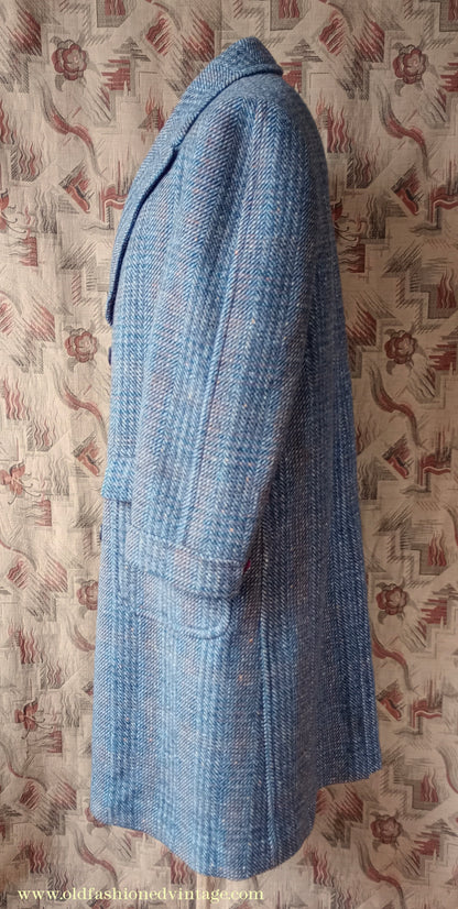 Vintage Mens 1940s Double Breasted Overcoat Coat Grey Blue Speckled Check Wool DB Peak Lapel L XL