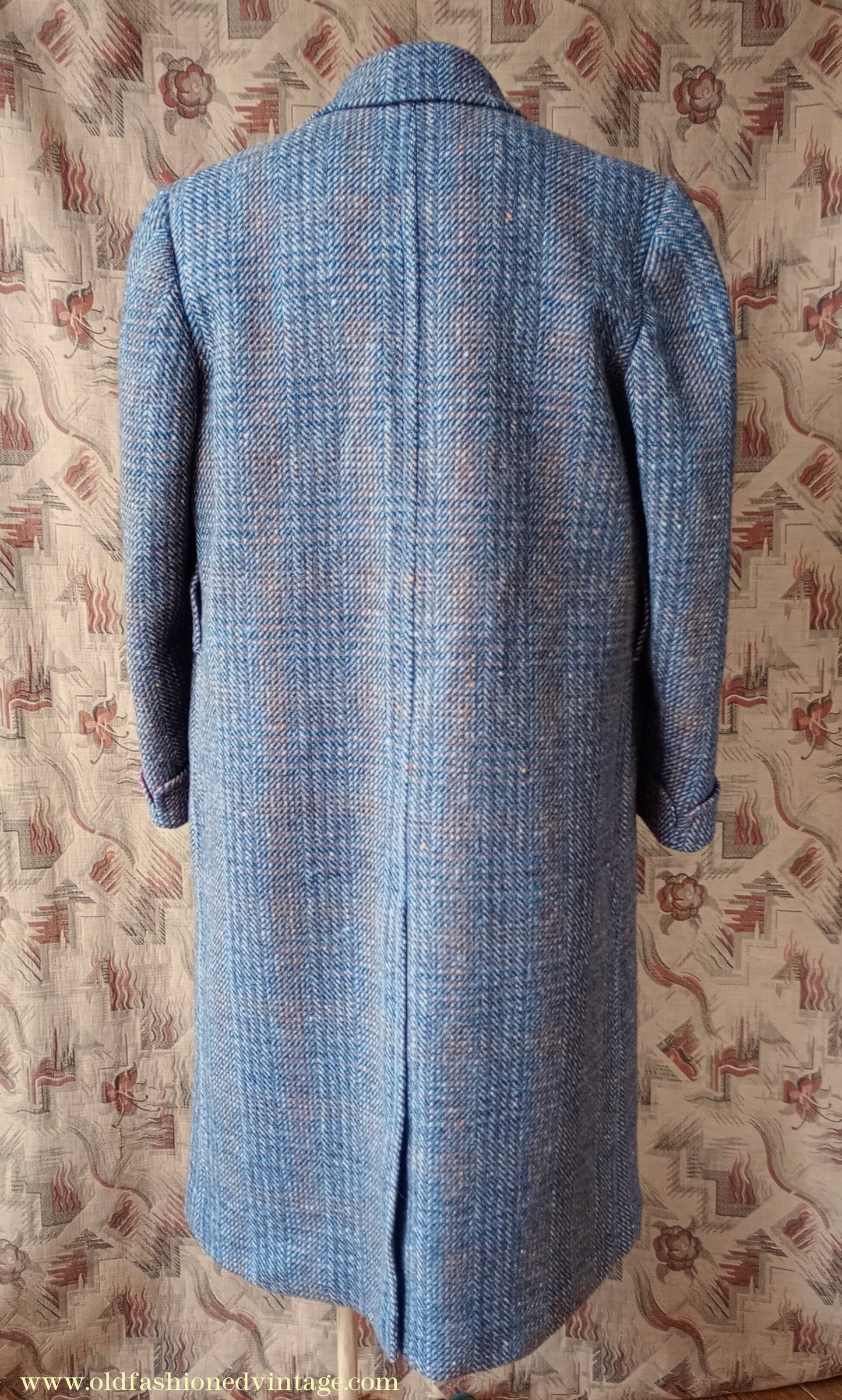 Vintage Mens 1940s Double Breasted Overcoat Coat Grey Blue Speckled Check Wool DB Peak Lapel L XL