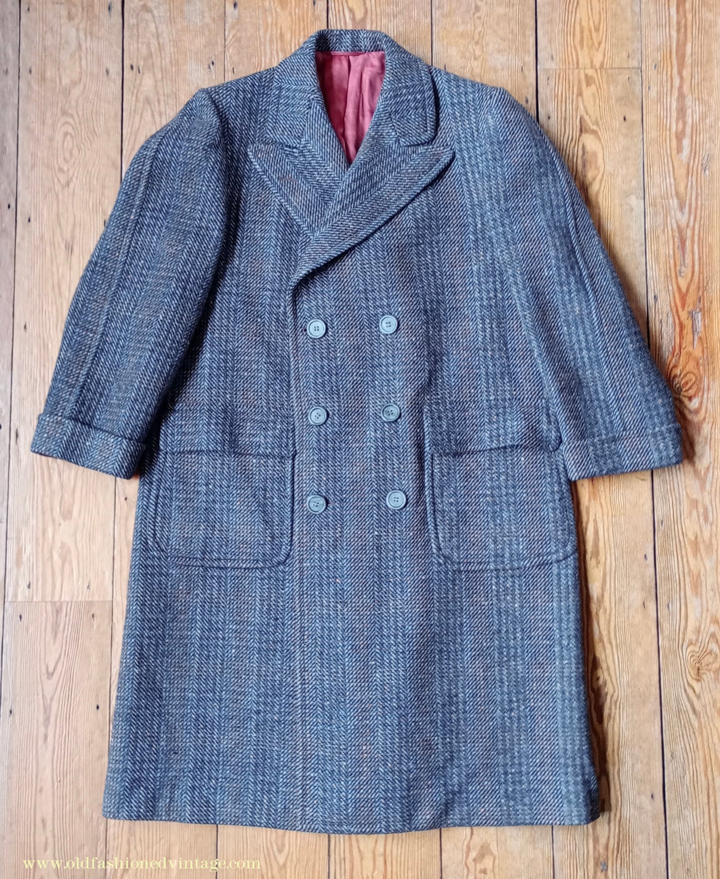 Vintage Mens 1940s Double Breasted Overcoat Coat Grey Blue Speckled Check Wool DB Peak Lapel L XL