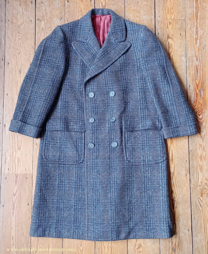 Vintage Mens 1940s Double Breasted Overcoat Coat Grey Blue Speckled Check Wool DB Peak Lapel L XL