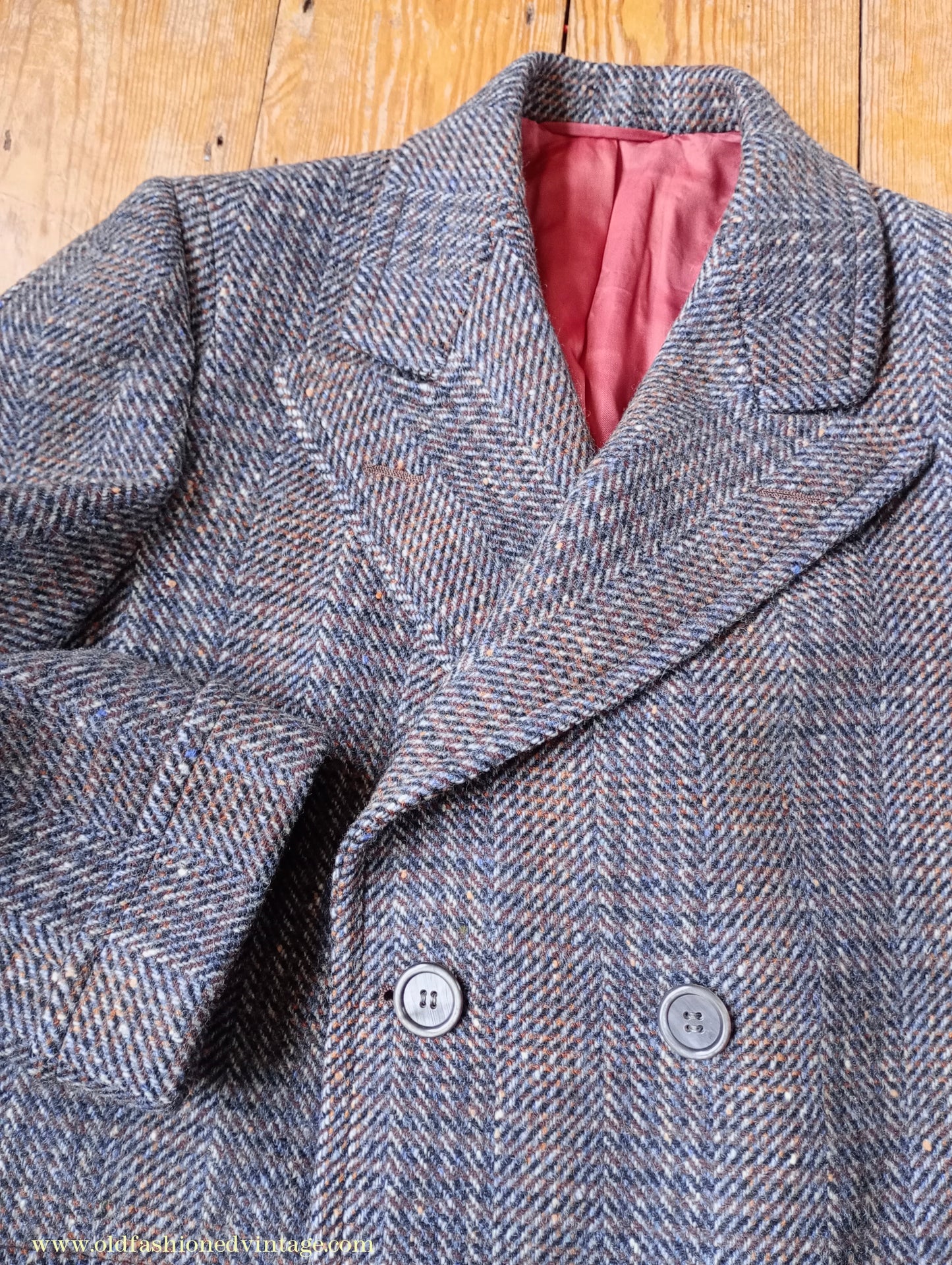 Vintage Mens 1940s Double Breasted Overcoat Coat Grey Blue Speckled Check Wool DB Peak Lapel L XL