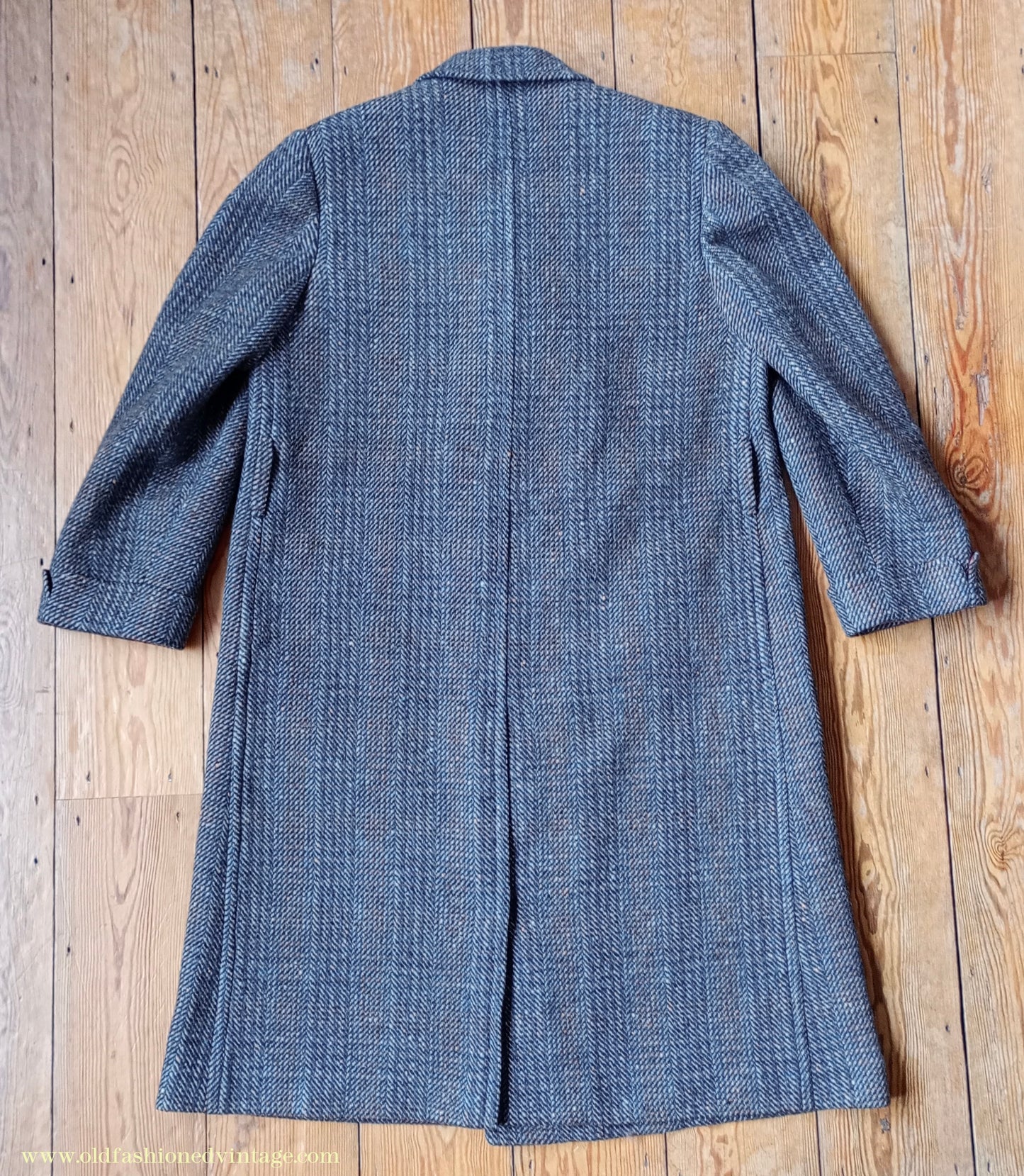 Vintage Mens 1940s Double Breasted Overcoat Coat Grey Blue Speckled Check Wool DB Peak Lapel L XL