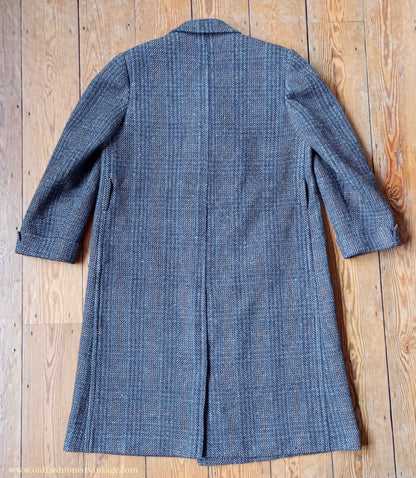 Vintage Mens 1940s Double Breasted Overcoat Coat Grey Blue Speckled Check Wool DB Peak Lapel L XL