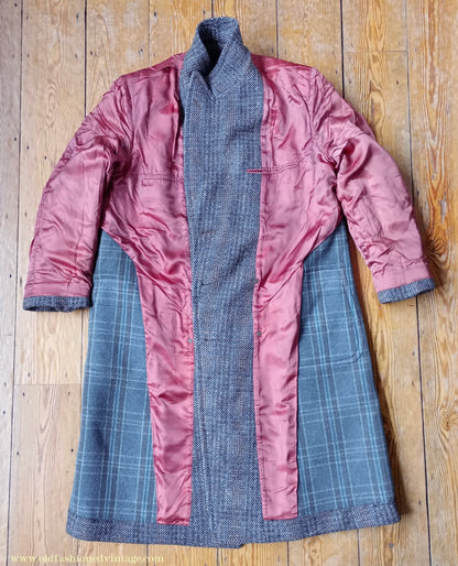 Vintage Mens 1940s Double Breasted Overcoat Coat Grey Blue Speckled Check Wool DB Peak Lapel L XL