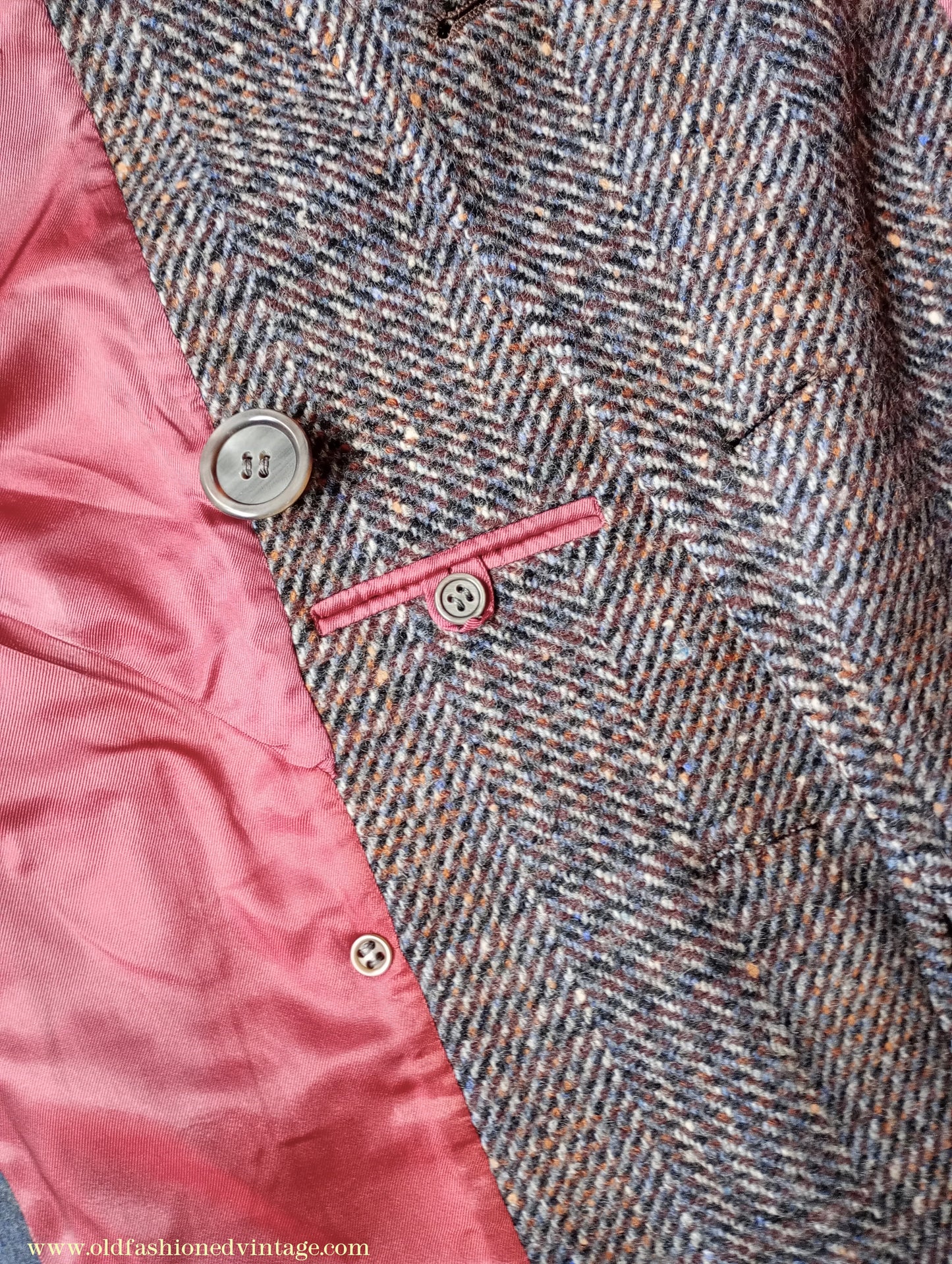 Vintage Mens 1940s Double Breasted Overcoat Coat Grey Blue Speckled Check Wool DB Peak Lapel L XL