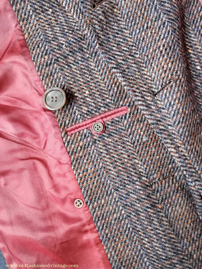 Vintage Mens 1940s Double Breasted Overcoat Coat Grey Blue Speckled Check Wool DB Peak Lapel L XL