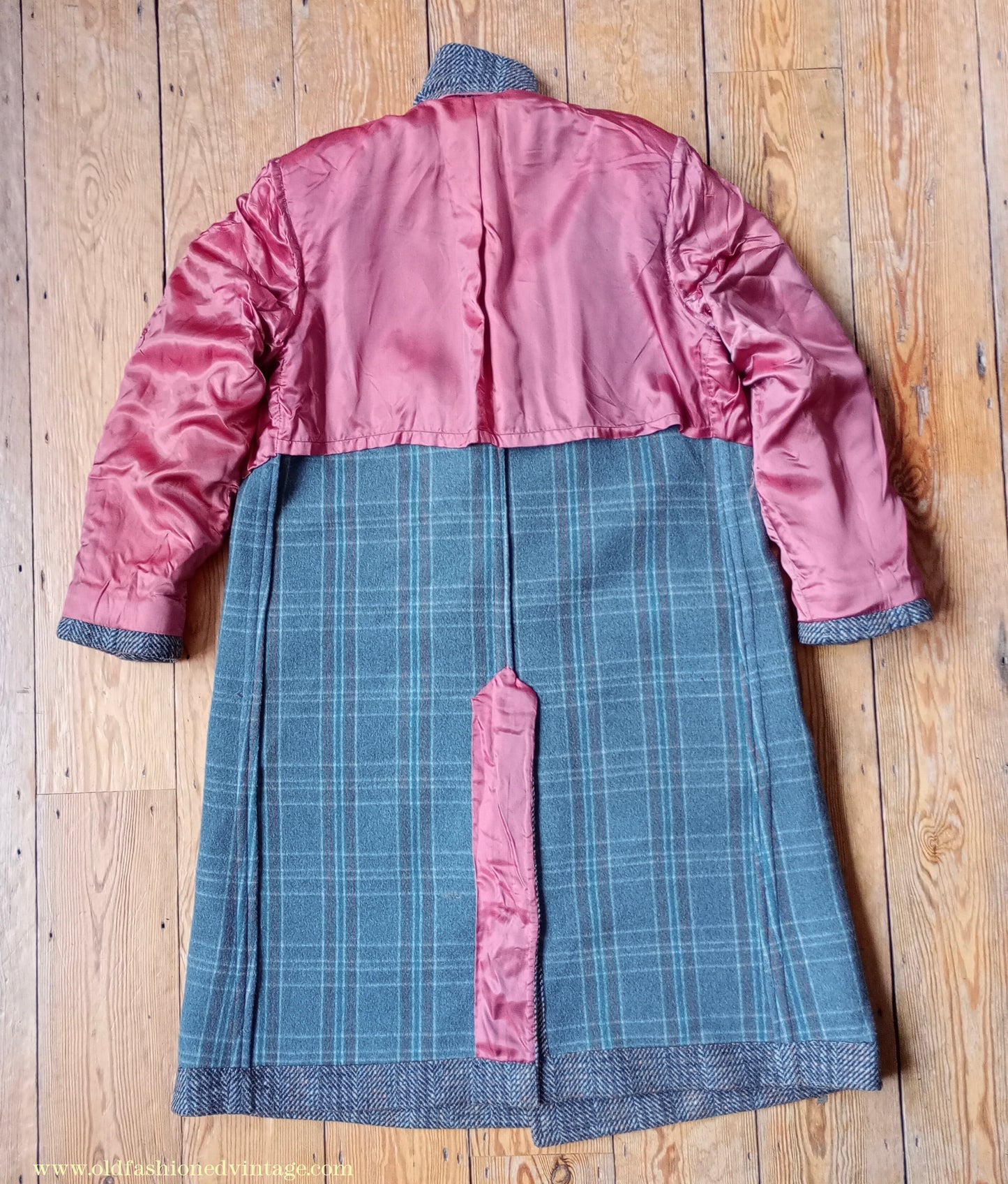 Vintage Mens 1940s Double Breasted Overcoat Coat Grey Blue Speckled Check Wool DB Peak Lapel L XL