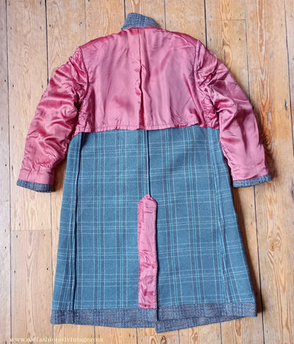 Vintage Mens 1940s Double Breasted Overcoat Coat Grey Blue Speckled Check Wool DB Peak Lapel L XL