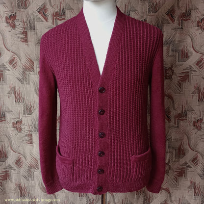 Vintage Mens 1950s 1960s Hand Knitted Cardigan Sweater Burgundy Knit Wool Jacket M