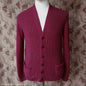 Vintage Mens 1950s 1960s Hand Knitted Cardigan Sweater Burgundy Knit Wool Jacket M