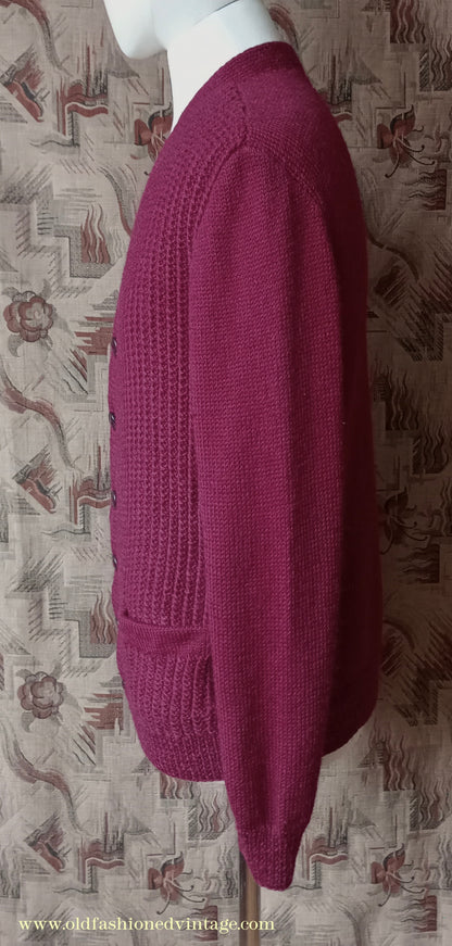 Vintage Mens 1950s 1960s Hand Knitted Cardigan Sweater Burgundy Knit Wool Jacket M