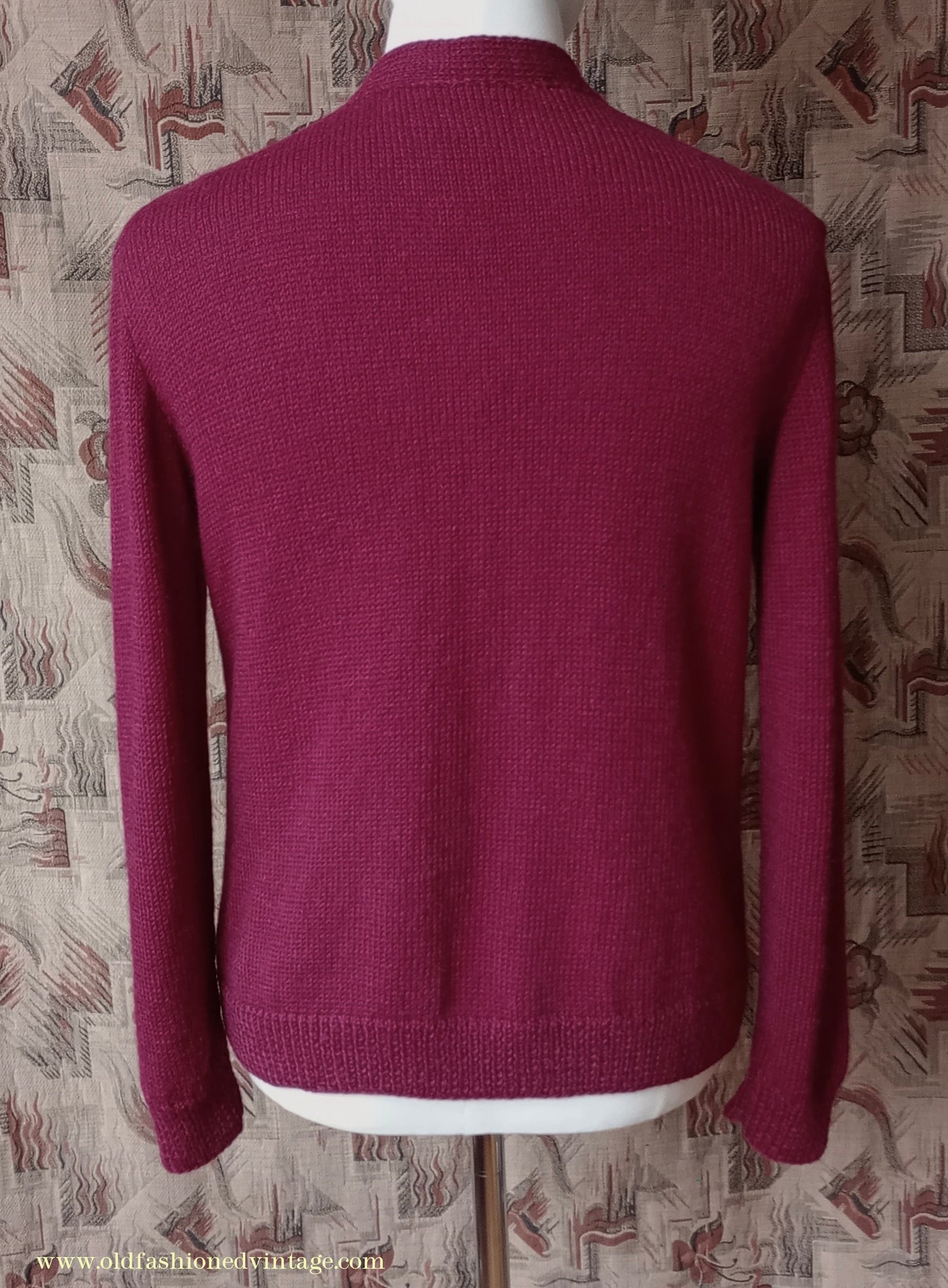 Vintage Mens 1950s 1960s Hand Knitted Cardigan Sweater Burgundy Knit Wool Jacket M