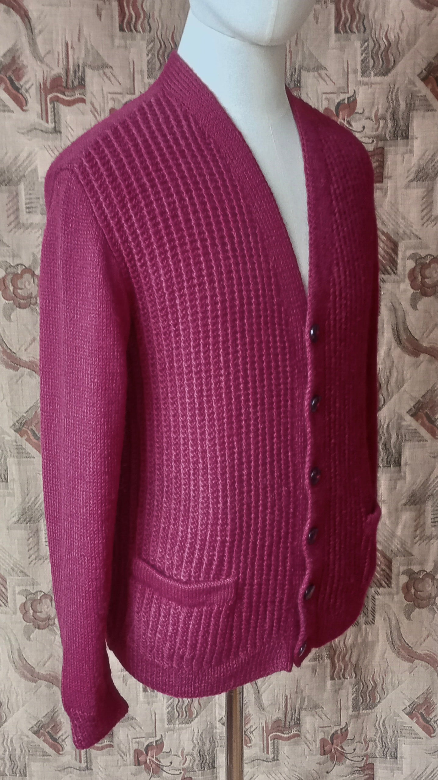 Vintage Mens 1950s 1960s Hand Knitted Cardigan Sweater Burgundy Knit Wool Jacket M