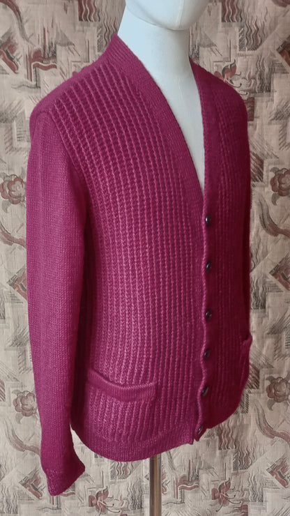 Vintage Mens 1950s 1960s Hand Knitted Cardigan Sweater Burgundy Knit Wool Jacket M