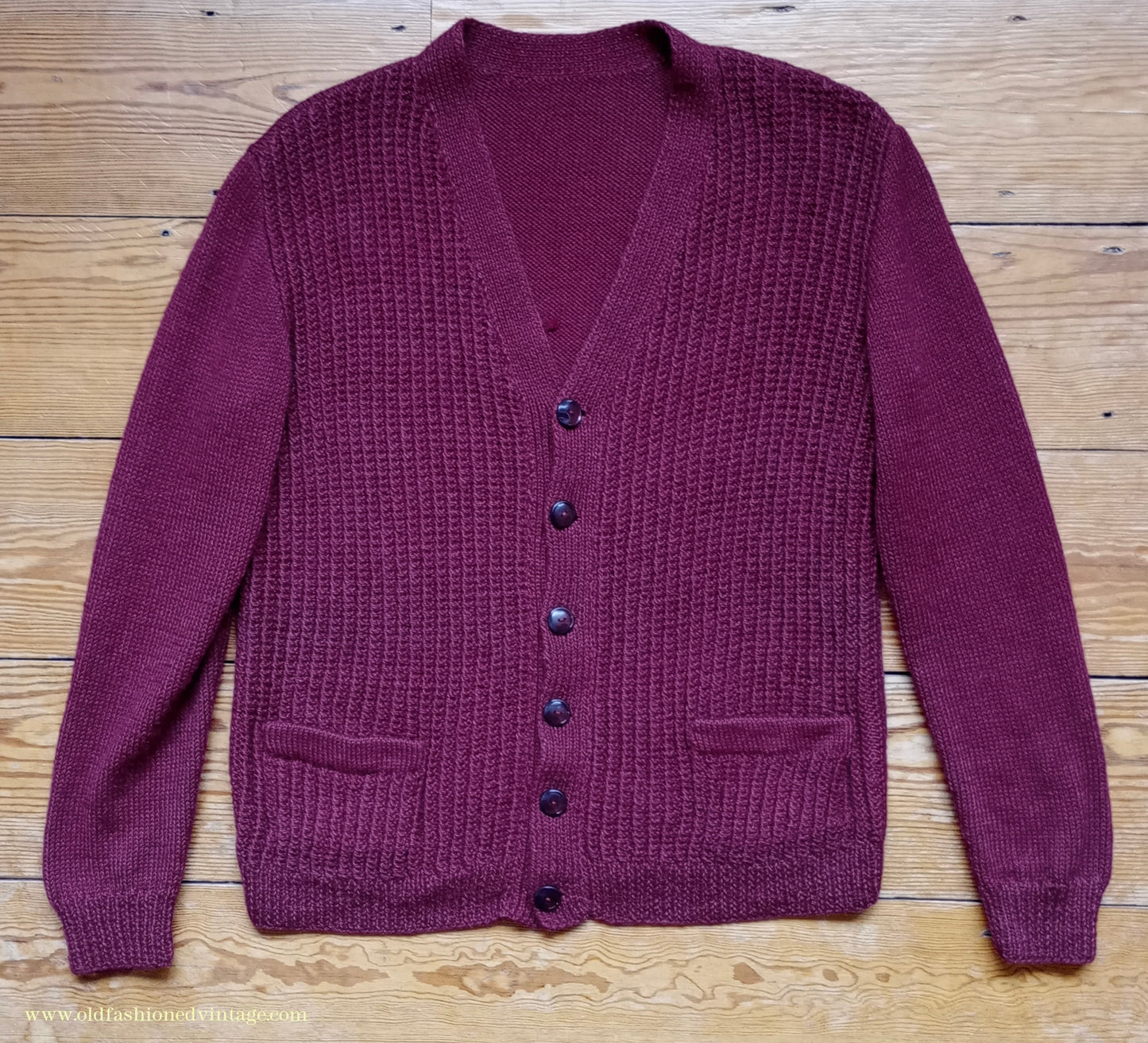 Vintage Mens 1950s 1960s Hand Knitted Cardigan Sweater Burgundy Knit Wool Jacket M