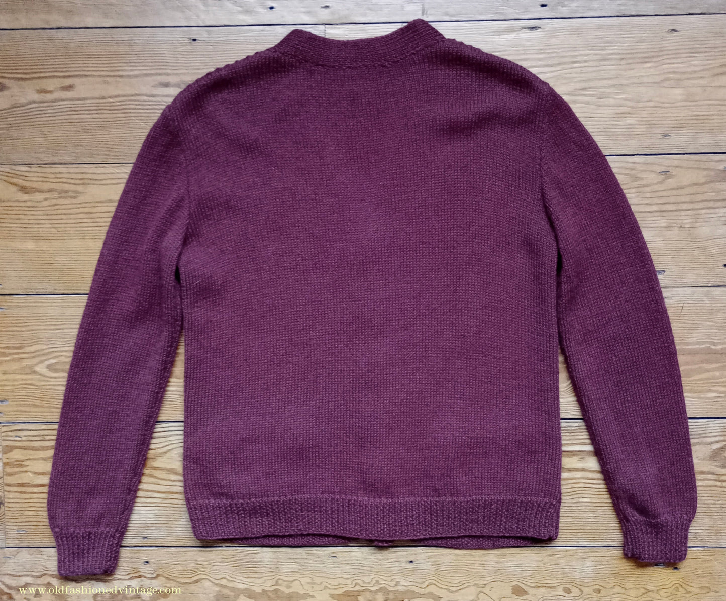 Vintage Mens 1950s 1960s Hand Knitted Cardigan Sweater Burgundy Knit Wool Jacket M